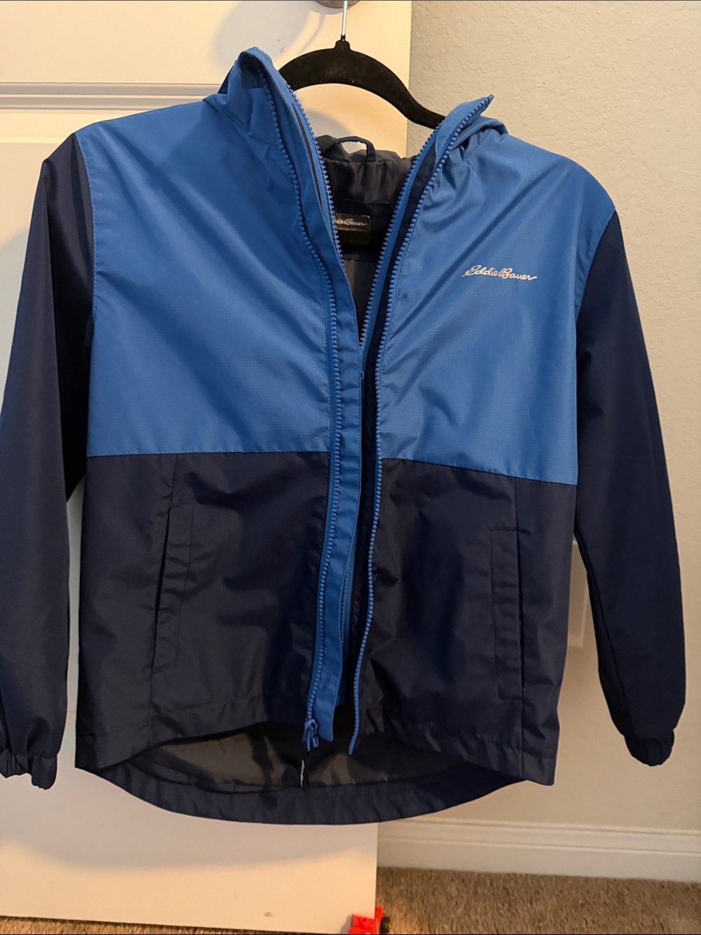 Eddie Bauer Kids Two-Tone Blue Hooded Rain Jacket and inside jacket